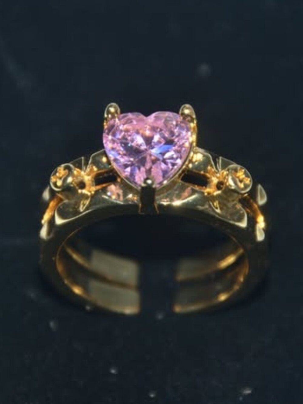 Gold-Tone Adjust Heart Ring with Pink Zirconia - Romantic Heart-Cut Solitaire
